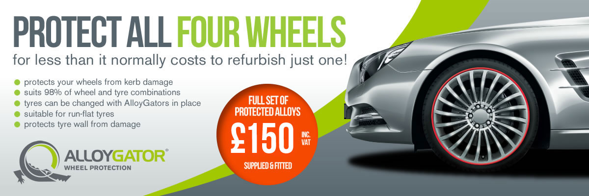 Protect all four wheels for less than it normally costs to refurbish just one! * Protects your wheels from kerb damage * Suits 98% of wheel and tyre combinations * Tyres can be changed with AlloyGators in place * Suitable for run-flat tyres * Protects tyre wall from damage AlloyGator Wheel Protection Full set of protected alloys &pound;150 inc VAT supplied & fitted